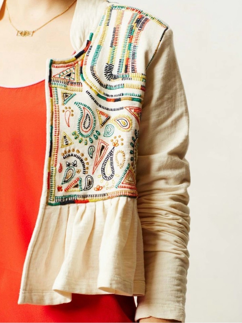 Anthropologie Lilka Embroidered Cream Peplum Jacket